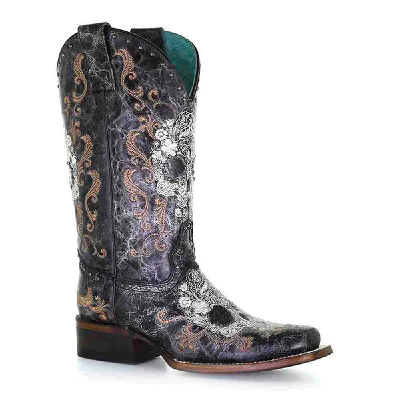 Boots exclusive drop-Corral Women’s Leather White Floral Skull & Black Studs Boots