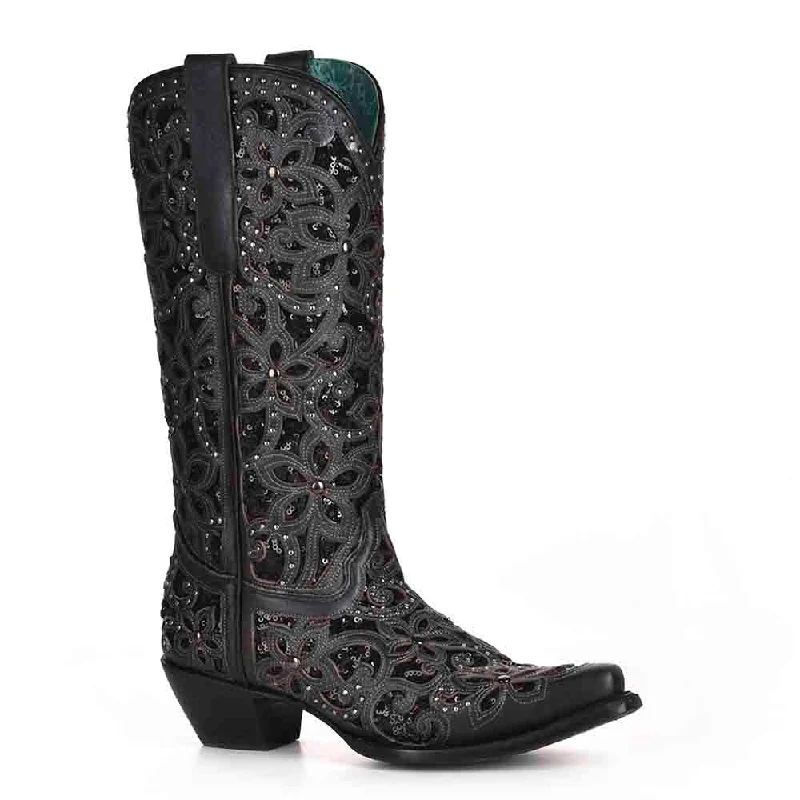 Boots birthday present-Corral Black Floral Glitter Inlay & Stud Boots