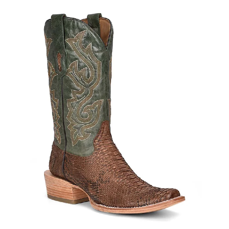 Boots discount code-Corral Men's Square Toe Brown & Green Python Leather Boots