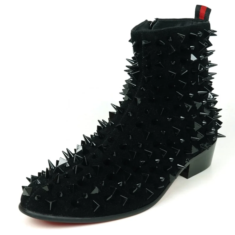 Boots study session-Fiesso FI-7527 Black Suede Black Spikes Encore Boots