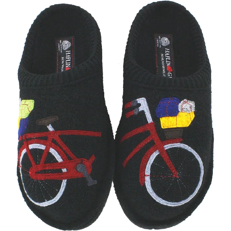 Narrow-Fit Slippers-Chic slippers for warm weather indoors-Women's Haflinger Bicycle Black Boiled Wool