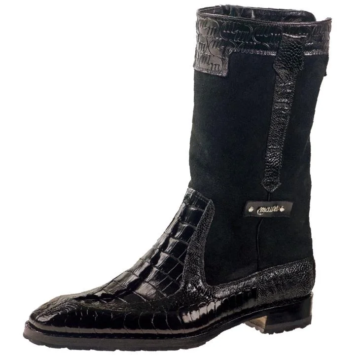 Boots BBQ season-Mauri Masculine 2842 Black Genuine Ostrich Leg/Shearling/Embossed Nappa/Hornback Crocodile Tail Boots