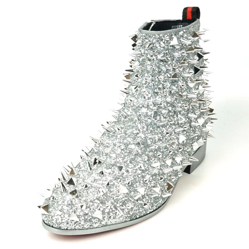 Boots rehearsal gear-Fiesso FI-7527 Silver Glitter Silver Spikes Encore Boots