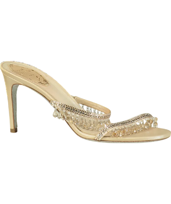 René Caovilla Nude 75mm Crystal-embellished Leather Mules UK 5.5 EU 38.5 👠