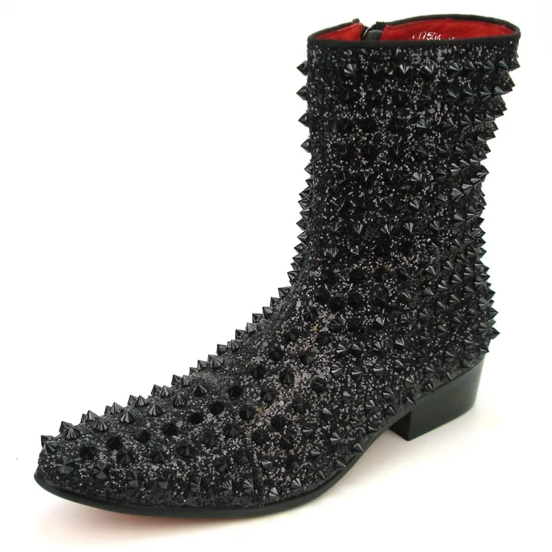 Boots country chic-Fiesso FI-7504 Black Glitter Black Spikes Boots