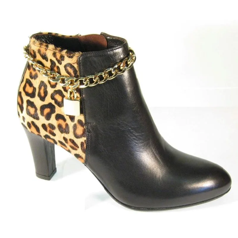 Boots vegan leather-Mauri Ladies Gold/Black Leopard Hair Print Genuine Leather Gold Chain Lock Dress Boots