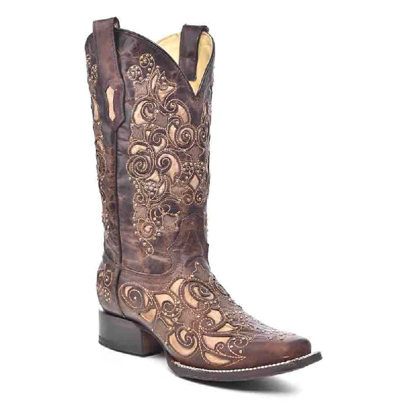 Boots blue accent-Corral Women’s Brown Inlay, Studs & Embroidery Boots