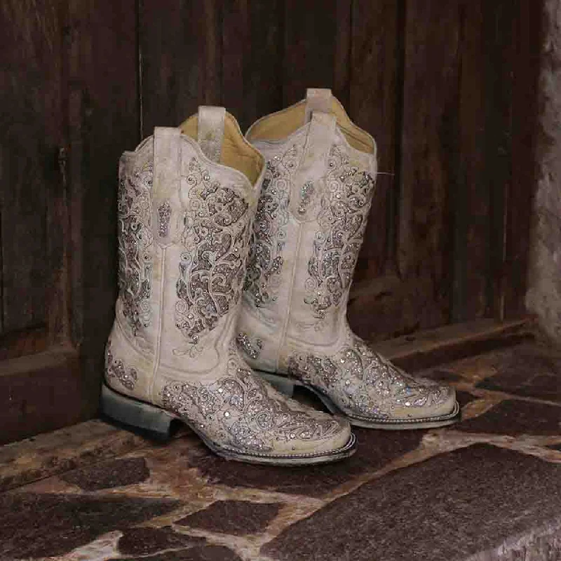 Boots winter warmth-Corral Women’s Eliza White Glitter Inlay & Crystals Boots