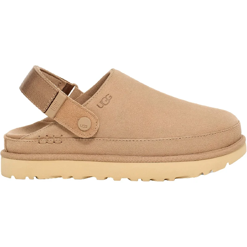 comfortable mules for work-Women's UGG Goldenstar Clog Sand Suede