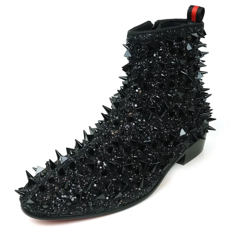 Boots gamer style-Fiesso FI-7527 Black Glitter Black Spikes Encore Boots