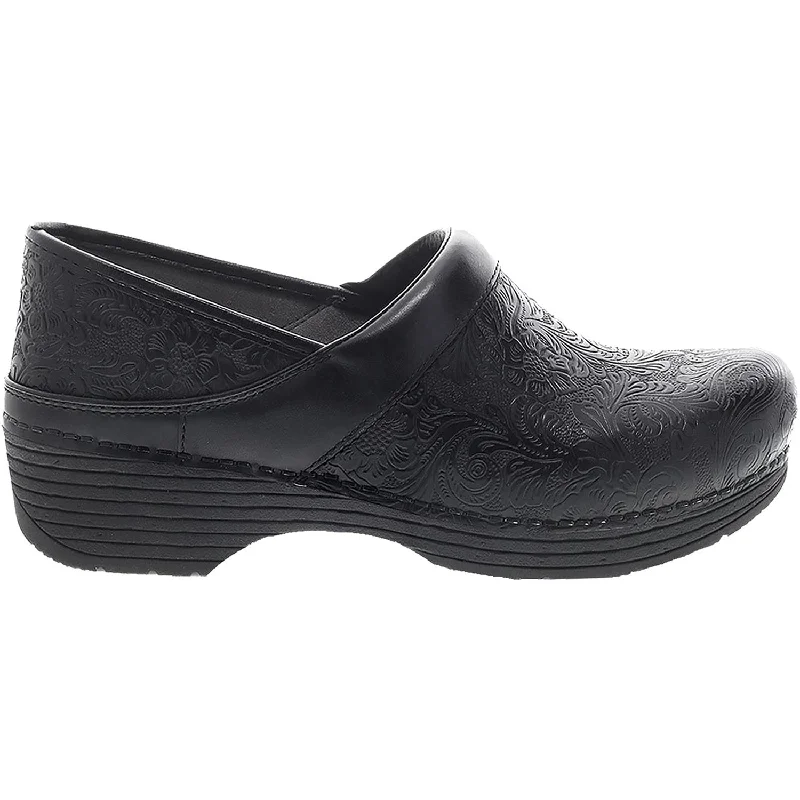 mules with leather material-Women's Dansko LT Pro Black Floral Tooled Leather