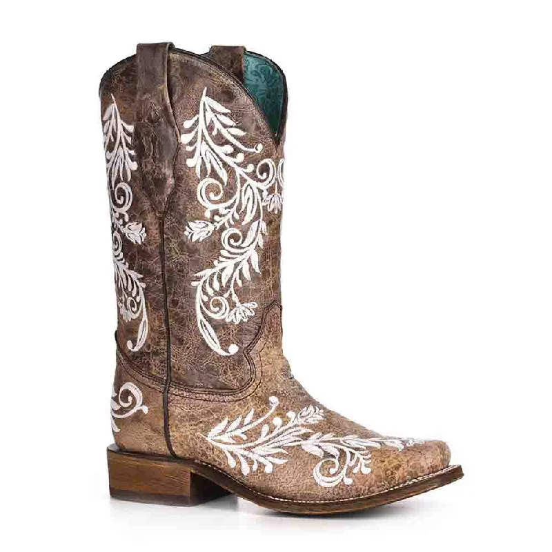 Boots Christmas theme-Corral Western Glow-in-the-Dark Square Toe Brown Embroidered Boots