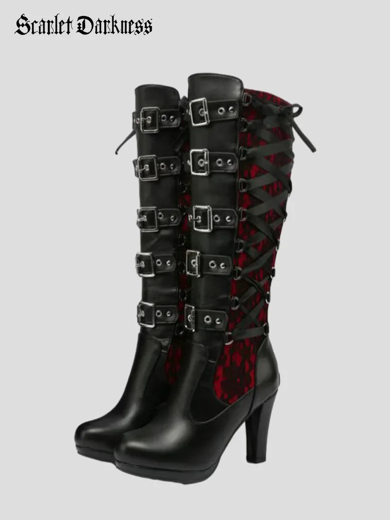 Boots flat sole-Women's Victorian Gothic Vampire Rivet Thick High Heel Boots