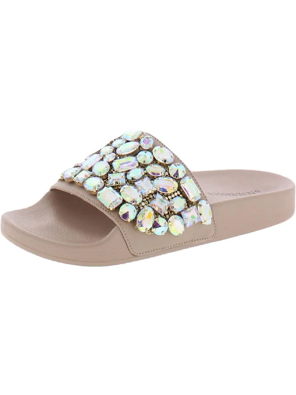 Shiny Sandals-Sandals for casual outings with comfort-Simplify Womens Slip On Rhinestone Slide Sandals