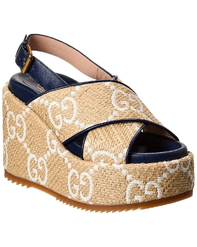 Rooftop Sandals-Sandals for casual outings with great comfort-Gucci Straw & Leather Platform Wedge Sandal