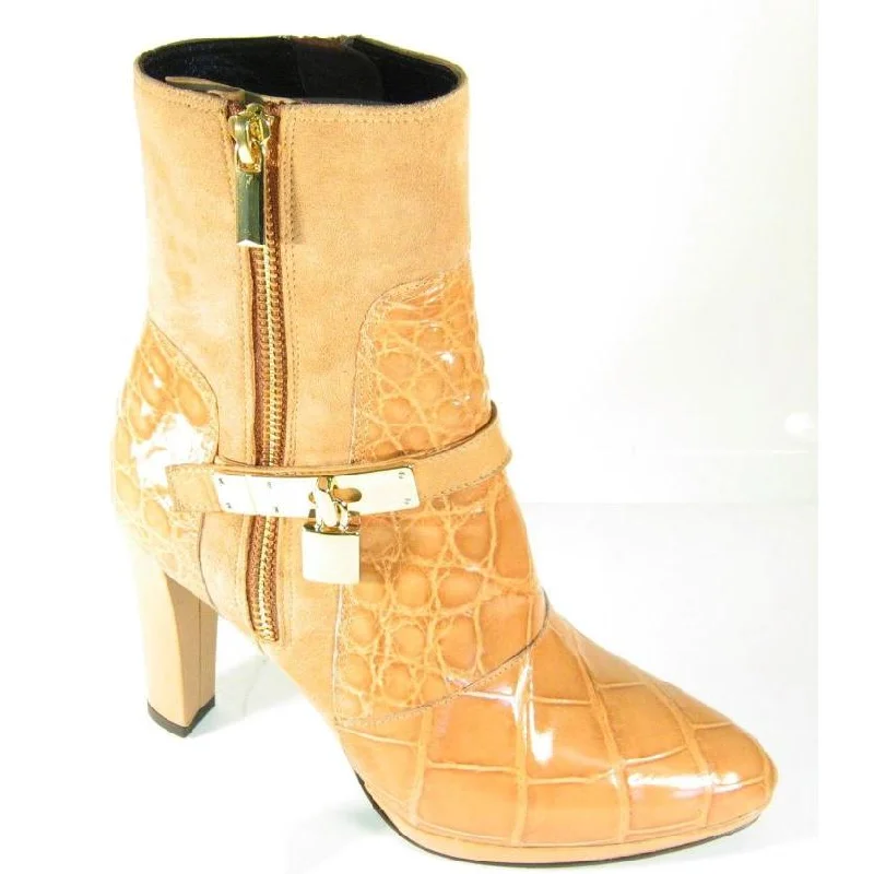 Boots sarcastic style-Mauri Ladies Light Rust Genuine Alligator Gold Lock Dress Boots