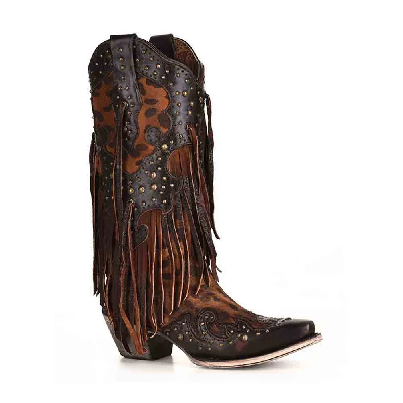 Boots Valentine’s Day-Corral Leopard Print and Fringe Western Boots with Copper Studs