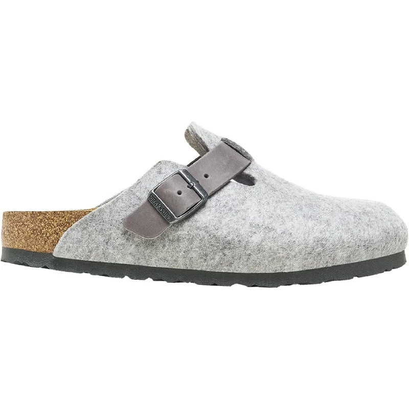 trendy clogs for chic look-Women's Birkenstock Boston Light Grey Wool Felt/Iron Oiled Leather