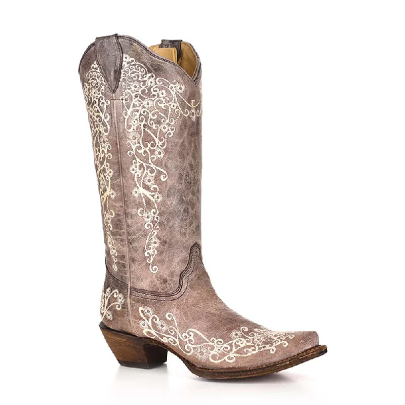 Boots black color-Corral Western White Floral Embroidered Boots